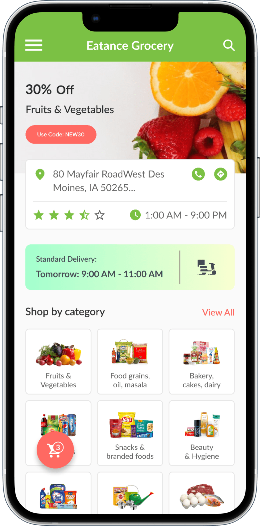 online grocery delivery app Dashboard screen