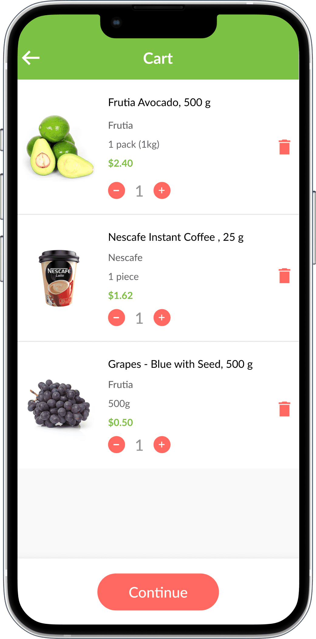 online grocery delivery app cart screen