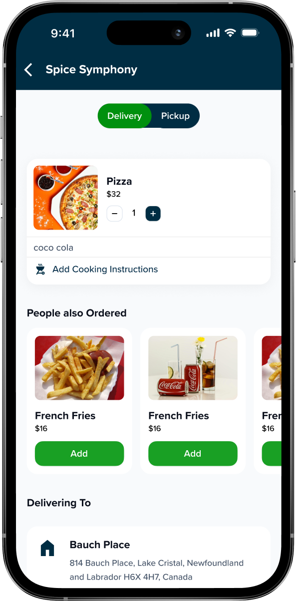 food ordering cart and checkout screen