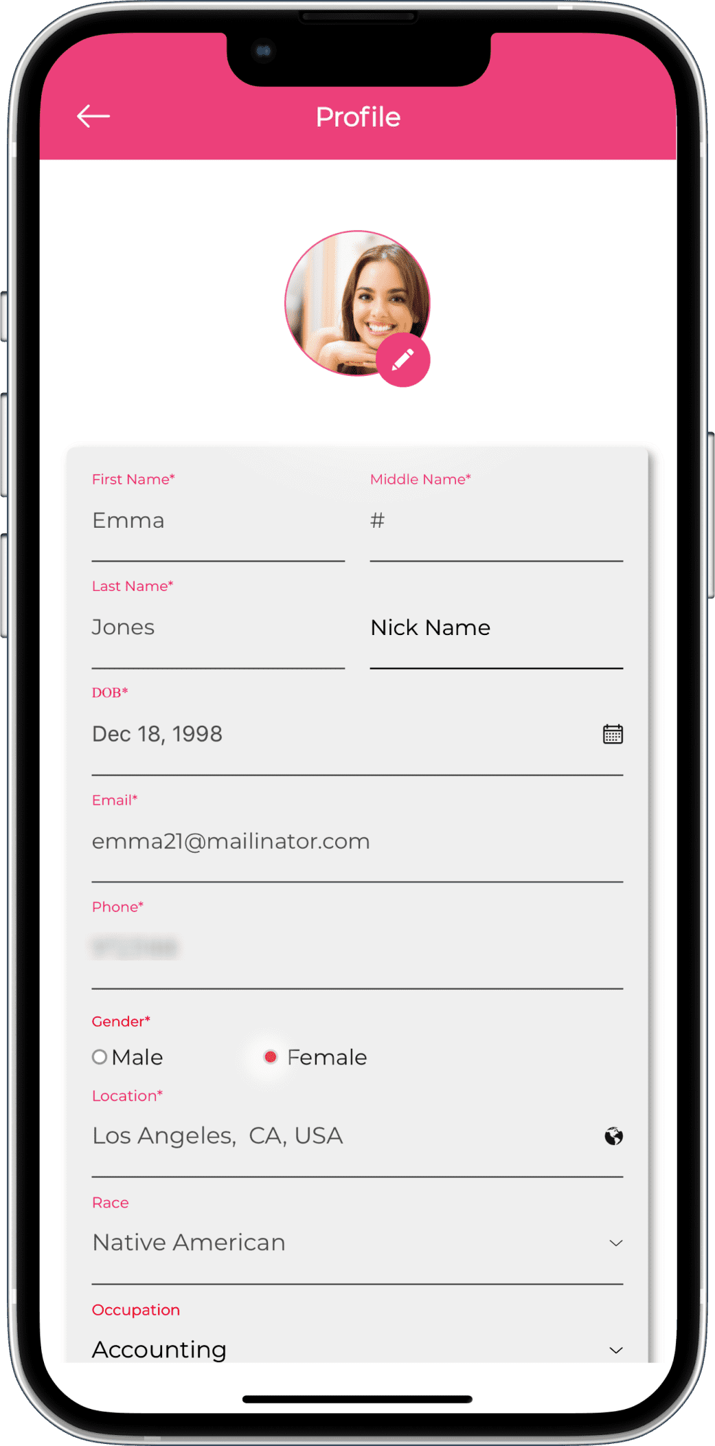 online dating app profile creation screen