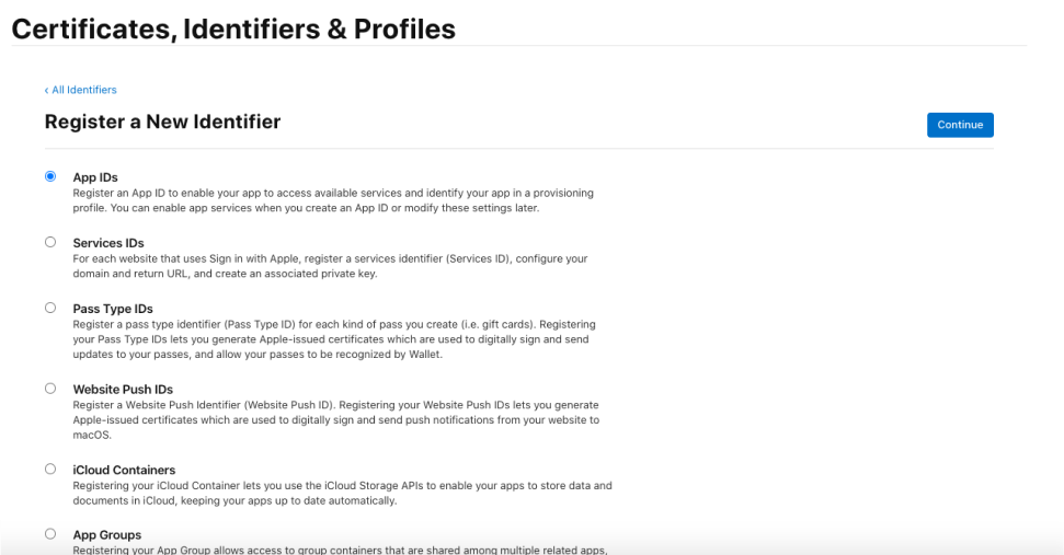 register Identifiers in apple developer portal