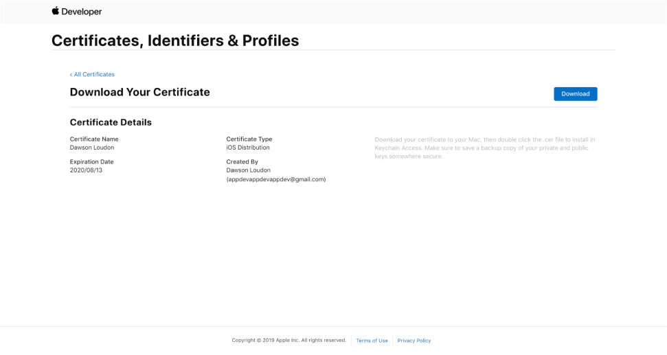 download certificates in the apple developer portal