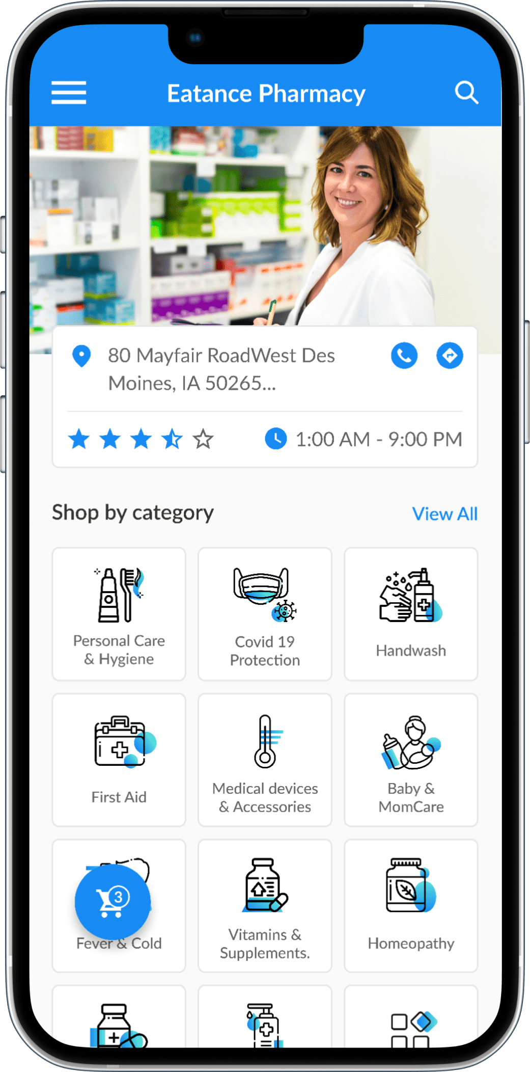 online pharmacy app Dashboard screen