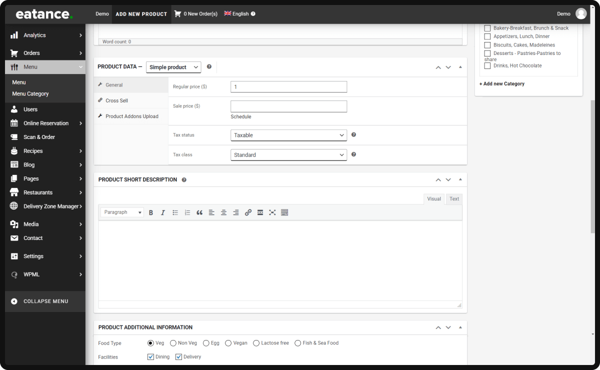Adding Products and Restaurant Menu Price