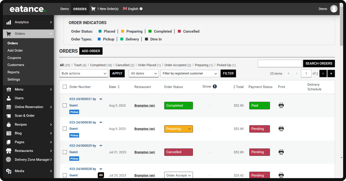 How to add orders in Eatance Restaurant Builder