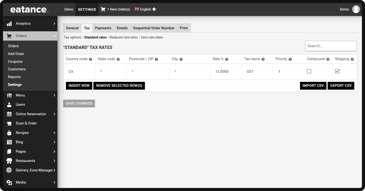 tax configuration settings